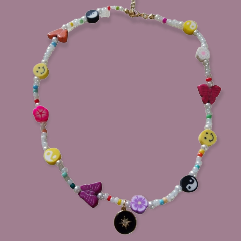 Y2K Ying Yang Butterlies & Flowers Beaded Necklace with 18k GF Starburst Charm